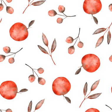 Turuncu kahverengi yaprakları ve dalları, elma ile suluboya sonbahar deseni. Kartlar ve davetiyeler için idealdir.