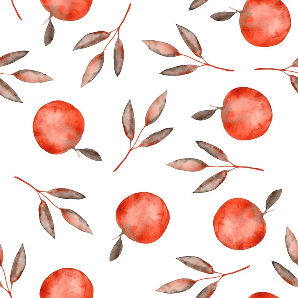 Aquarell Herbstmuster Mit Orangefarbenen Blättern Und Zweigen Äpfel Ideal Für — Stockfoto