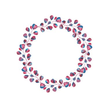 Mor, pembe, mavi yaprakları ve kalpleri ile suluboya seti. Sevgililer Günü için çerçeveler. Mor yapraklı ve kalpli çelenkler. Davetler ve tebrik kartları için idealdir.