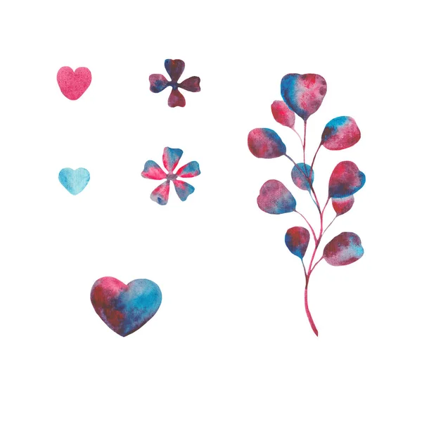 ピンク 青の葉とハートでセット水彩 バレンタインデーのフレーム 紫色の葉と心を持つ花輪 招待状やグリーティングカードに最適 — ストック写真
