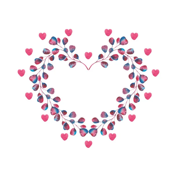 Акварель Комплект Фіолетовими Рожевими Блакитними Листям Сердечками Рамки Дня Святого — стокове фото