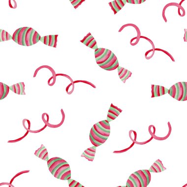  Pembe yeşil serpantin, Noel ağacı ve tatlılar ile Suluboya Noel deseni. Kartlar ve davetiyeler için idealdir.