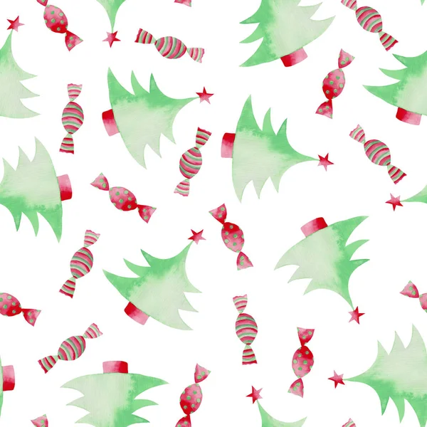 Aquarell Weihnachtsmuster Mit Rosa Grüner Serpentine Weihnachtsbaum Und Süßigkeiten Ideal — Stockfoto