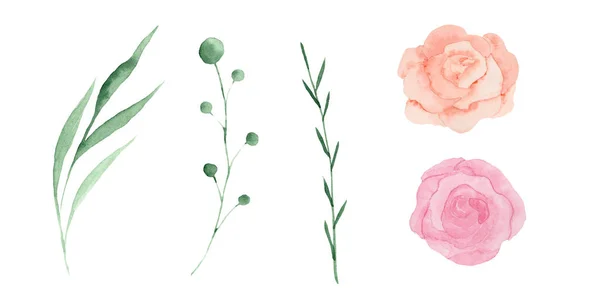 ピンクとオレンジのバラ 葉や小枝で設定された水彩 リース フレーム バラの花束 招待状やグリーティングカードに最適 — ストック写真