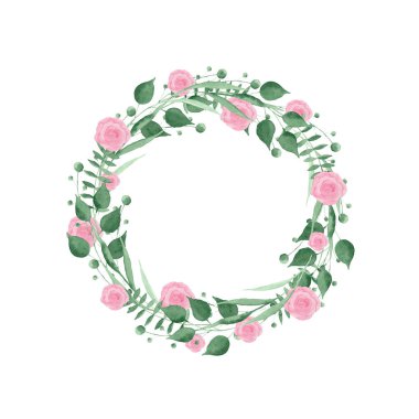 Suluboya çelenk, pembe ve turuncu güllü çerçeve, yapraklar ve dallar. Davetiyeler ve tebrik kartları için ideal.