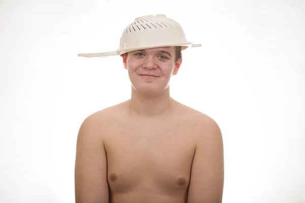 Young Fat Cheerful Smiling Boy Colander Pasta His Head Plump — Stock Photo, Image