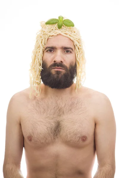 Vousatý Zábavný Mladý Muž Špagety Hlavě Bílé Pozadí Tělo Bez — Stock fotografie
