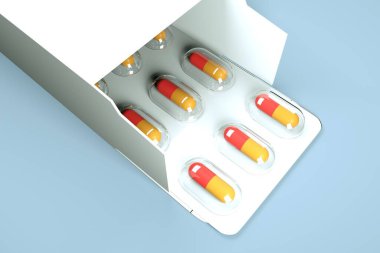 Mavi arka planda, şeffaf bir kutuda, saydam renkli kapsüllerde küçük yuvarlak kapsüller, tıbbi hazırlıklar, hastalığın tedavisi, 3D görüntüleme.