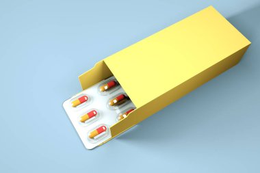 Mavi zemin üzerinde sarı bir kutunun içinde şeffaf ambalaj içinde küçük yuvarlak renkli kapsüller, vitaminler ve besin takviyeleri sağlığı iyileştirmek için, 3D görüntüleme