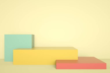 Reklam modellemesi ya da yerleştirilmesi için pastel renklerde renkli kare podyum, 3D görüntüleme