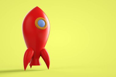 Yerden sarı arka plan manzaralı şirin yuvarlak kırmızı roket yeni bir girişimi ve yeni fikirleri göstermek için, 3D görüntüleme