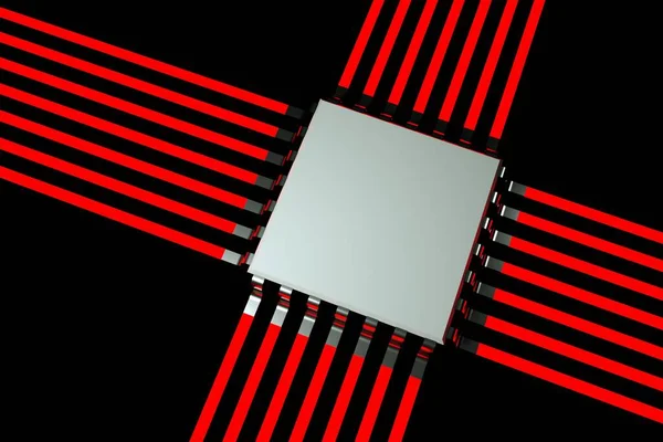 Microchip Sobre Fondo Negro Con Pistas Neón Rojo Renderizado — Foto de Stock