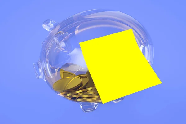 Gouden Munten Een Doorzichtige Spaarpot Met Een Blanco Gele Sticker — Stockfoto