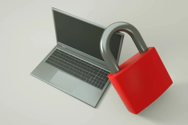 Sebuah Kunci Logam Merah Besar Terletak Pada Laptop Abu Abu — Stok Foto