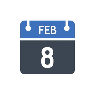 8 Şubat. Takvim tarihi simgesi. Vektör çizimi, düz stil. Tarih, ayın günü, beyaz arkaplan vektör grafiğinde izole edilmiş Düz simge takvimi, Şubat ayında tatiller