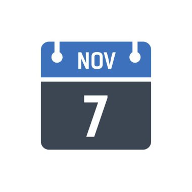 7 Kasım. Takvim tarihi simgesi. Vektör çizimi, düz stil. Tarih, ayın günü, Düz simge takvimi beyaz arkaplan vektörü grafiğinde izole edilmiş, Kasım ayında tatiller