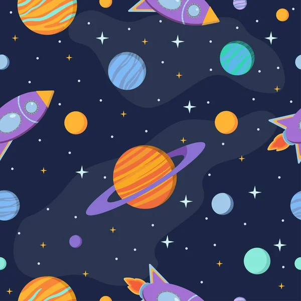   Space seamless pattern with planets, stars and galaxy. Vector illustration for textile, fabric, wallpaper.