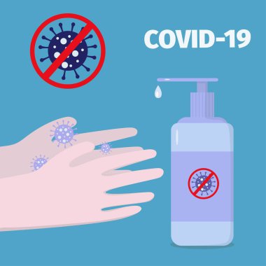 Coronavirüs enfeksiyonunu önlemek için ellerini sterilize et. Vektör çizimi. Kişisel hijyen konsepti. Covid-19 'dan koruma. Poster ve afiş için tasarım.