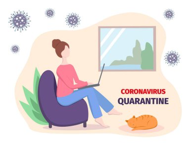 Ev kavramından çalış. Virüs enfeksiyonunu önleme. İnternette çalışıyorum. Düz biçimli vektör illüstrasyonu.