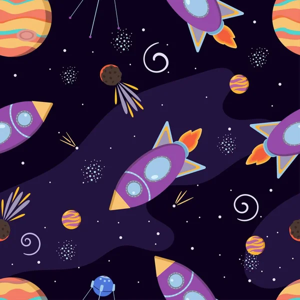 Seamless pattern with space, rockets, asteroids, planets and stars. Cosmos background. Cartoon vector illustration for textile, nursery, wrapping. Childish design.