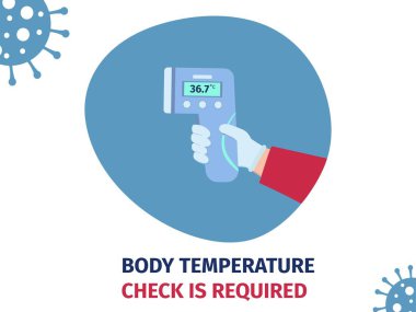 Kamu alanlarına girmeden önce vücut ısısı kontrolü. Coronavirus önleme konsepti. Poster ve afiş için eldiven içinde kızılötesi termometre vektör çizimi.