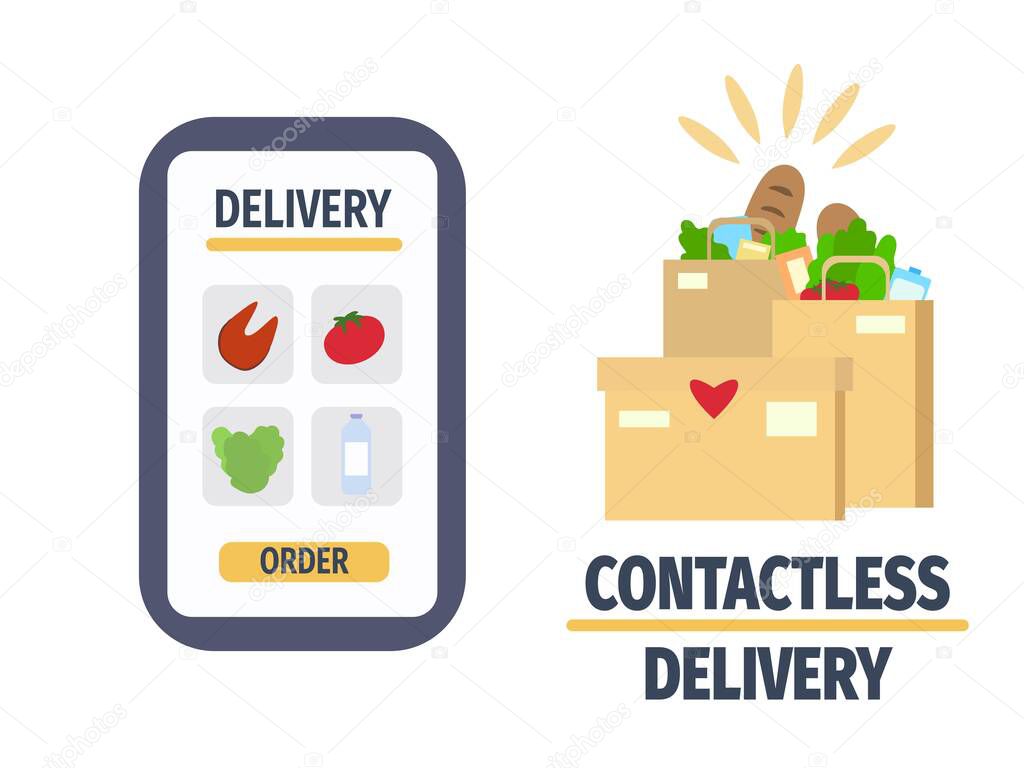 Safe and contactless delivery service. Order food online via mobile application. Vector illustration in flat style. Design for poster, banner.