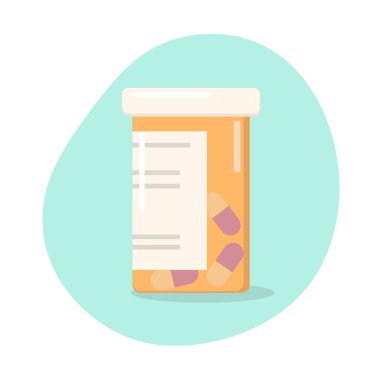 İlaçlı ilaç şişesi. Düz bir şekilde vektör illüstrasyonu. Beyazda izole edilmiş.