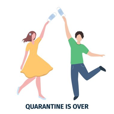 Karantina kavramı bitti. Koronavirüs salgınının sonu. İnsanlar covid-19 'un sonunu kutluyorlar. Düz biçimli vektör illüstrasyonu.