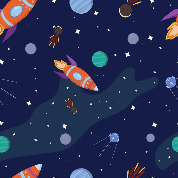 Sömlöst Rymdmönster Planeter Raketer Och Stjärnor Illustration Tecknad Stil Barnslig — Stock vektor