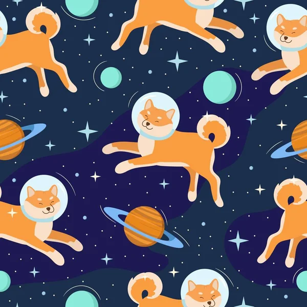 Cute Shiba Inu Dog Astronaut Open Space Seamless Pattern Colorful — Stock Vector