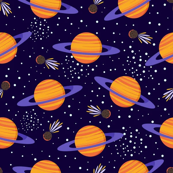 Colorful Cosmos Seamless Pattern Cute Planets Space Background Stars Asteroids — Stock Vector