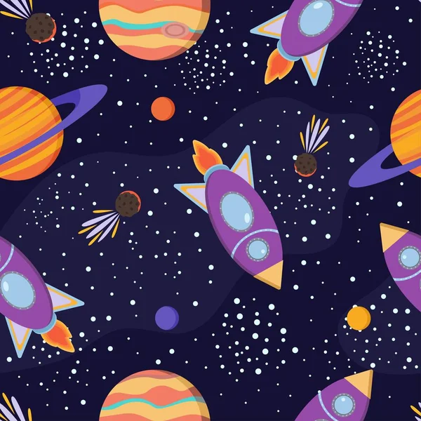 Space seamless pattern. Cosmic illustration with rockets, planets, comets and stars. Cartoon cosmos background. Vector design for wallpaper, nursery, textile.