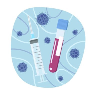 Virüs aşısı. Şırınga ve ilaç ile tüp. Coronavirus önleme konsepti. Düz bir şekilde vektör illüstrasyonu. Beyaz arkaplanda izole.