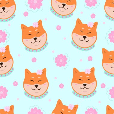 Sakura çiçekli şirin shiba inu, kusursuz desenli. Japon köpek yazı ya da bahar arkaplanı. Komik hayvan tasarımı. Tekstil, baskı, duvar kağıdı için vektör illüstrasyonu.