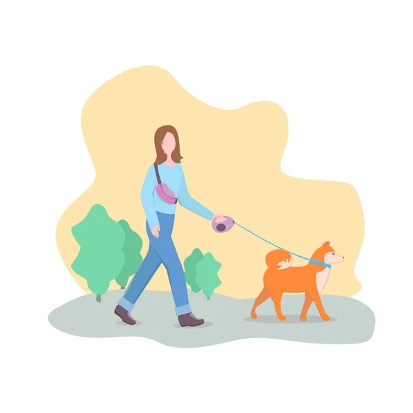 Mädchen Beim Gassigehen Mit Dem Hund Besitzer Mit Haustier Einem — Stockvektor