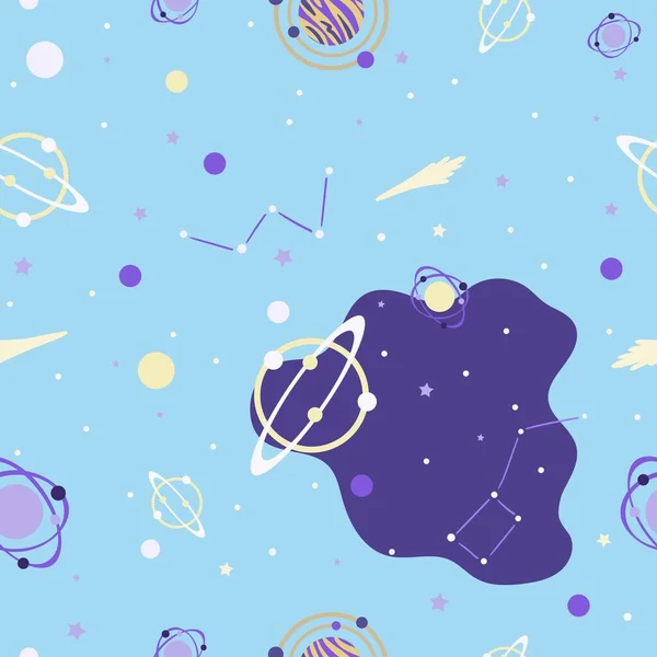 Cosmos seamless pattern with stars, planets, galaxy. Doodle style. Vector illustration for textile, wallpaper, fabric.