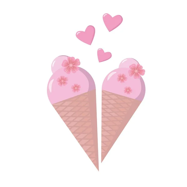 Conos Helado Con Corazones Rosados Ilustración Vectorial Estilo Plano Aislado — Vector de stock