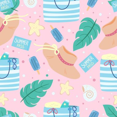 Çizgili çantalı, şapkalı ve palmiye yapraklı, düz yaz plajı desenli. Deniz kenarı konseptine göre tatil. Vektör çizimi. Tekstil, kumaş ve ambalaj için tasarım.