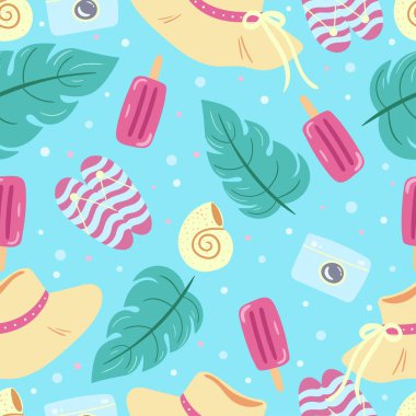 Renkli plaj aksesuarları. Yaz tatili geçmişi. Vektör çizimi. Duvar kağıdı, tekstil, ambalaj için tasarım.