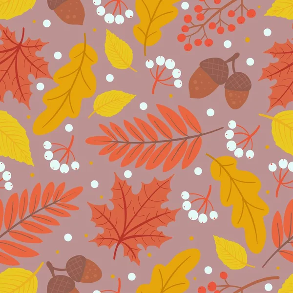 Motif Automne Avec Feuille Chêne Feuillage Coloré Baies Illustration Vectorielle — Image vectorielle