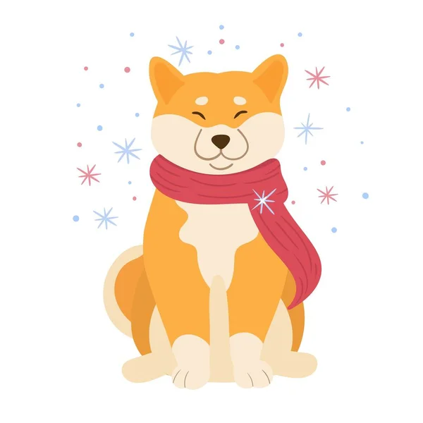 雪の結晶と冬のスカーフでかわいい子犬 犬の漫画イラスト 白い背景にベクトルが隔離されてる グリーティングカード ポスター バナーのデザイン — ストックベクタ