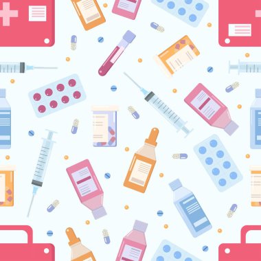 Tıbbi ve farmasötik ürünlerle birlikte tıbbi şablon. Düz arka planda haplar ve kapsüller. Vektör illüstrasyonu.