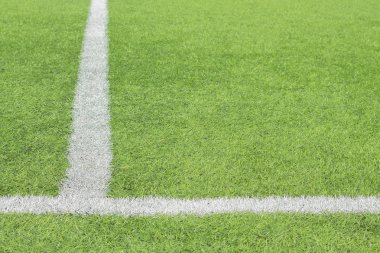 Futbol sahasının yeşil çimüzerinde beyaz boya işaretleme.