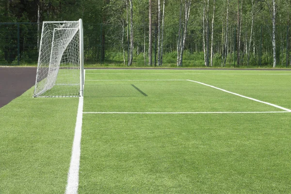 Un but de football sur le terrain. D'où l'ombre sur une gra verte Images De Stock Libres De Droits