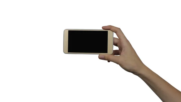 Mão Mulher Com Celular Isolado Fundo Branco Menina Segurando Smartphone — Fotografia de Stock