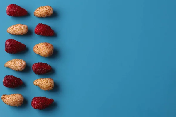 a row of red and white strawberries on a blue background