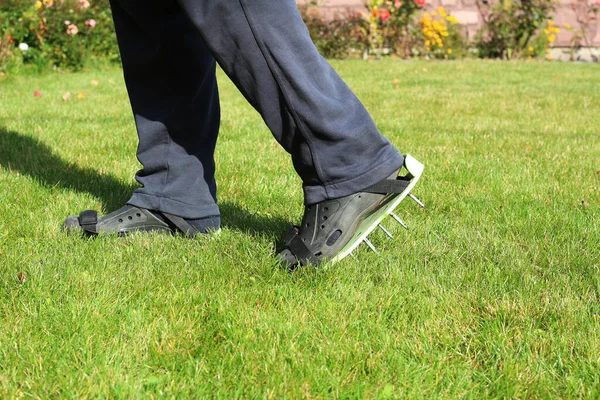 Man Shoes Spikes Aerating Lawn Garden Care — Stock Photo, Image