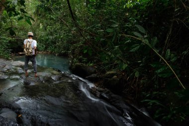 Ağır sırt çantasıyla yağmur ormanlarında yürüyüş yapan adam Koh Yao Yai, Phang Nga, Tayland 'daki ormandan küçük bir deredir. Her şeyden uzaklaşmak.