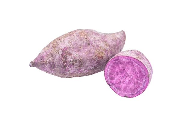 Patatas Púrpuras Rodajas Ruta Recorte Fondo Blanco — Foto de Stock
