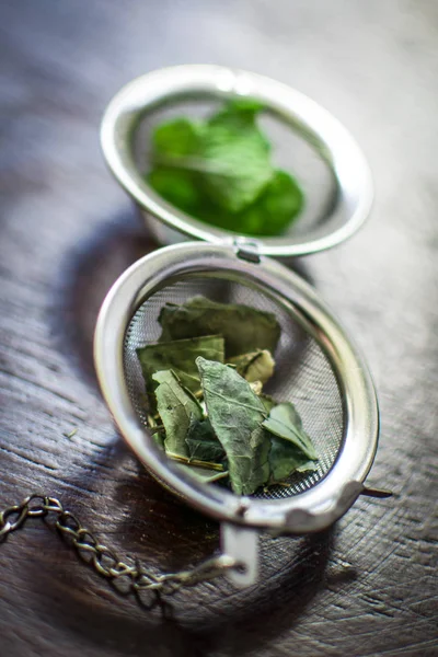 Инфузор для чая с сушеными листьями зеленого чая и свежей мятой на темно-коричневом деревянном фоне — стоковое фото
